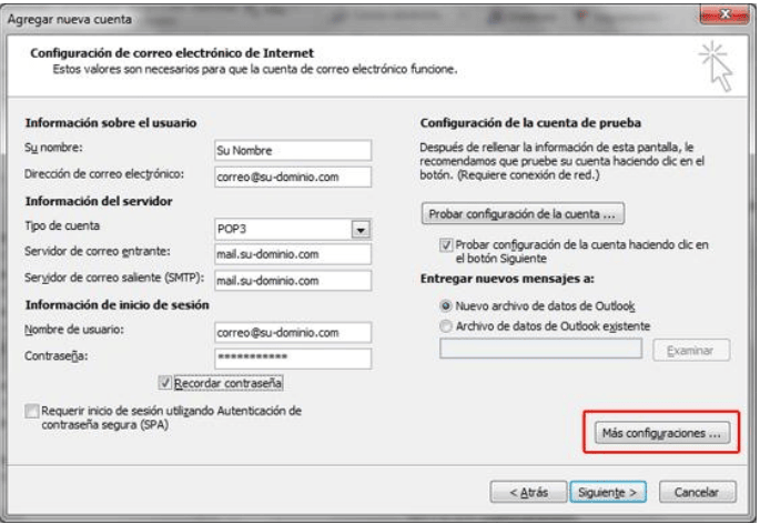 Configurar correo en MS Outlook 2010 paso 4