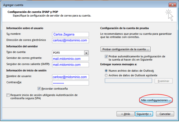 Configuración de correo en MS Outlook 2013 paso 4