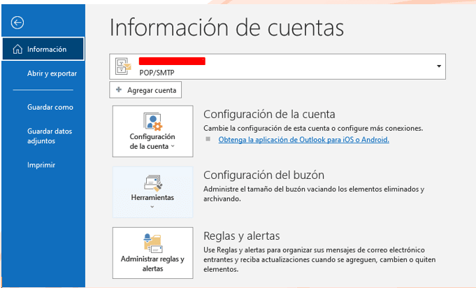 Configuración de correo en MS Outlook 2016 paso 1