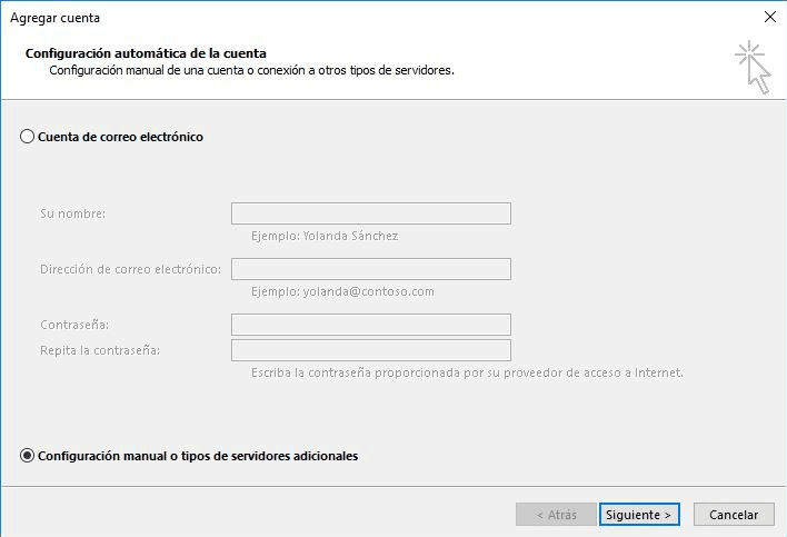 Configuración de correo en MS Outlook 2016 paso 2