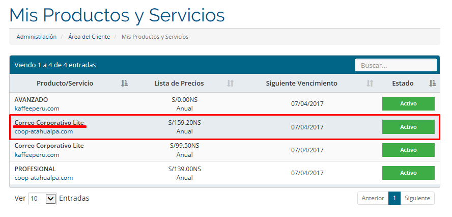 Lista de productos y servicios