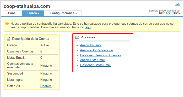 Panel de cuenta de correo de negocios