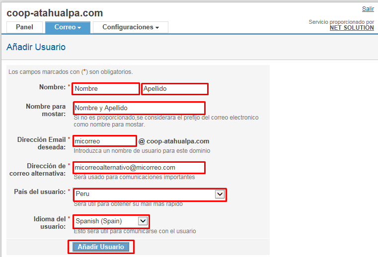 Cuadro de registro de correo