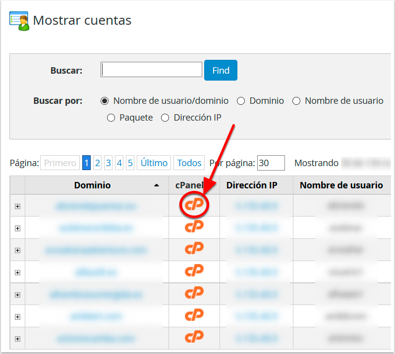 Listar las cuentas alojadas del reseller